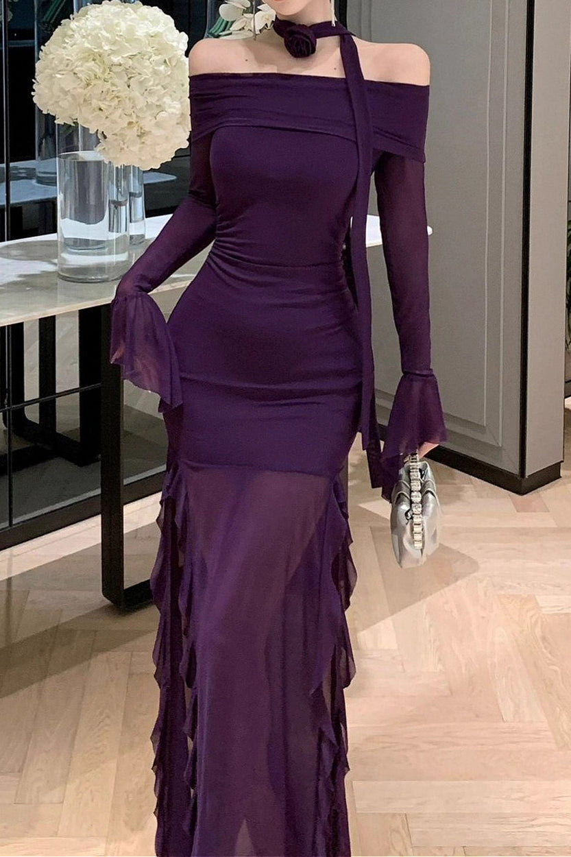 Off Shoulder Irregular Flare Sleeve Maxi Dress