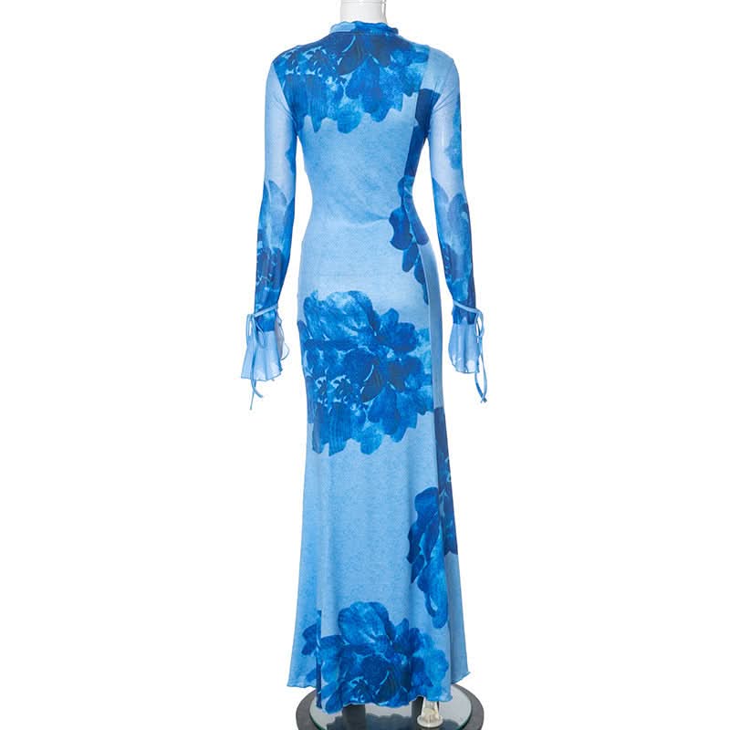 Slit v neck self tie long flared sleeve print maxi dress | Festival Outfits Women