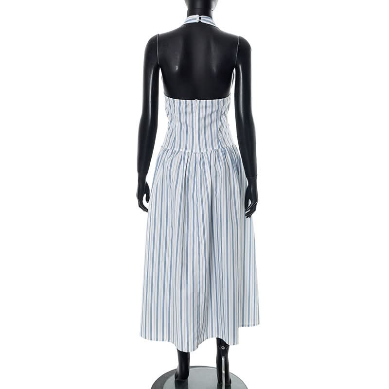 Striped bowknot zip-up halter maxi dress | Festival Outfits Women