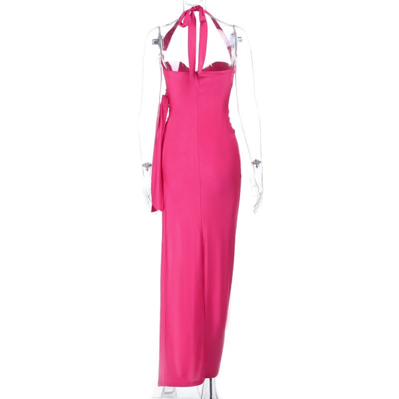 Halter self tie ruched v neck slit maxi dress | Festival Outfits Women