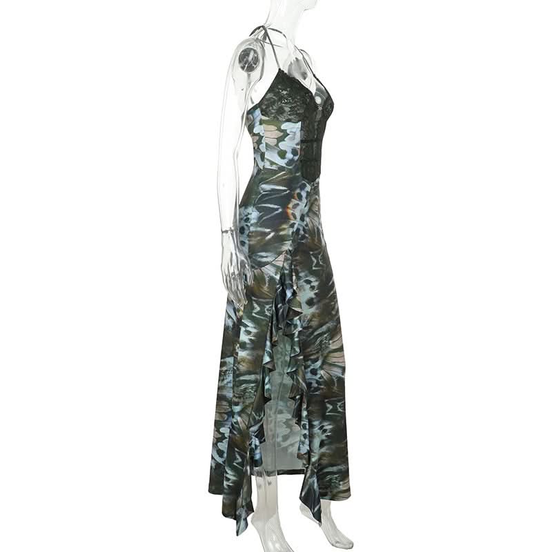 Halter self tie ruffle print v neck maxi dress | Festival Outfits Women