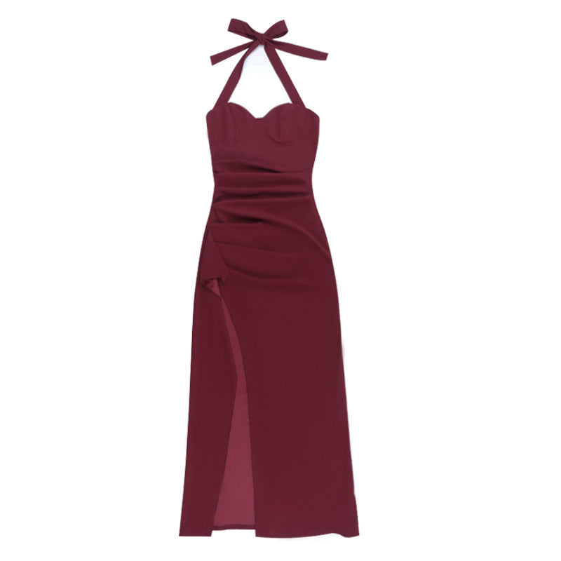 Halter high slit ruched solid maxi dress | Festival Outfits Women