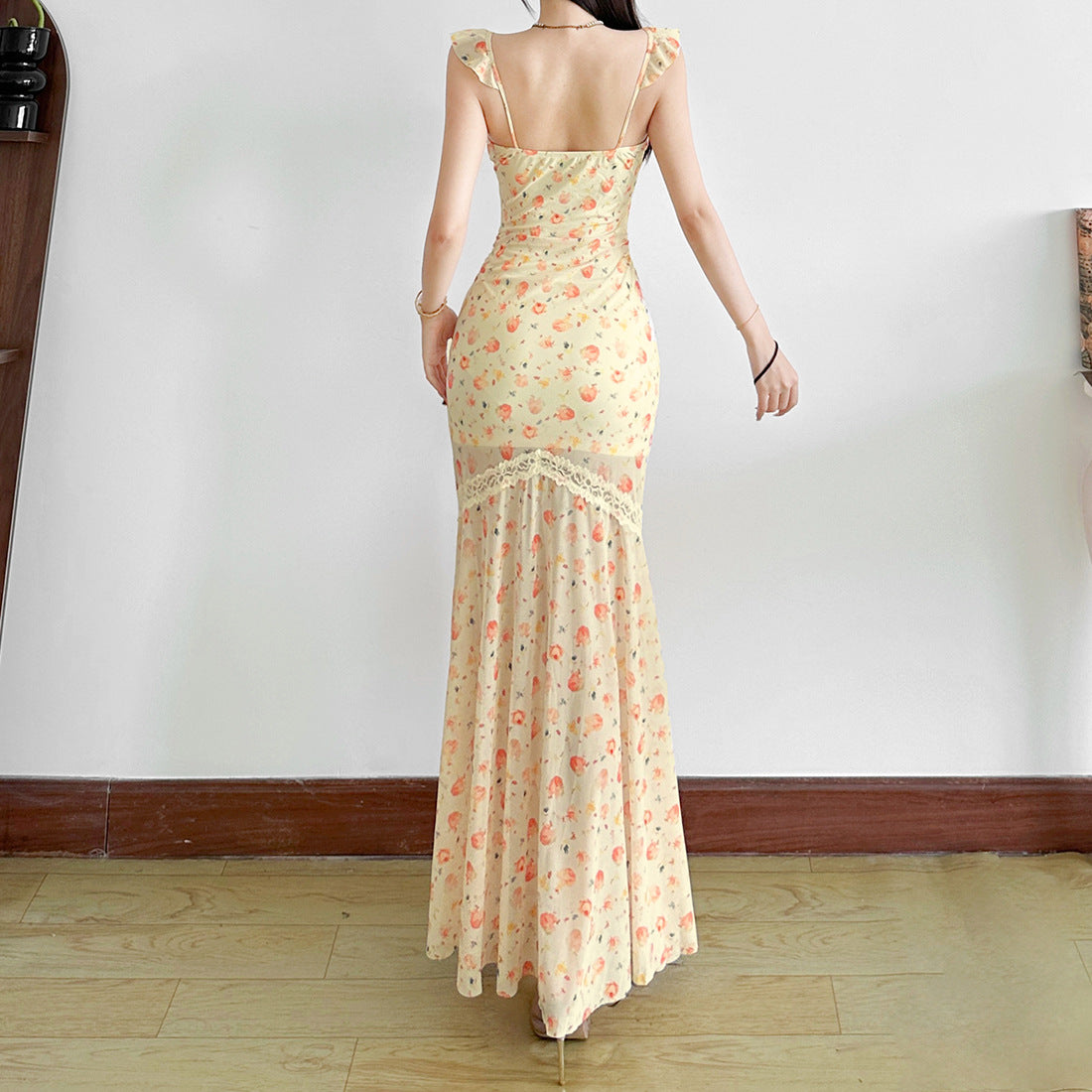 Mesh print ruched self tie lace hem maxi dress | Festival Outfits Women
