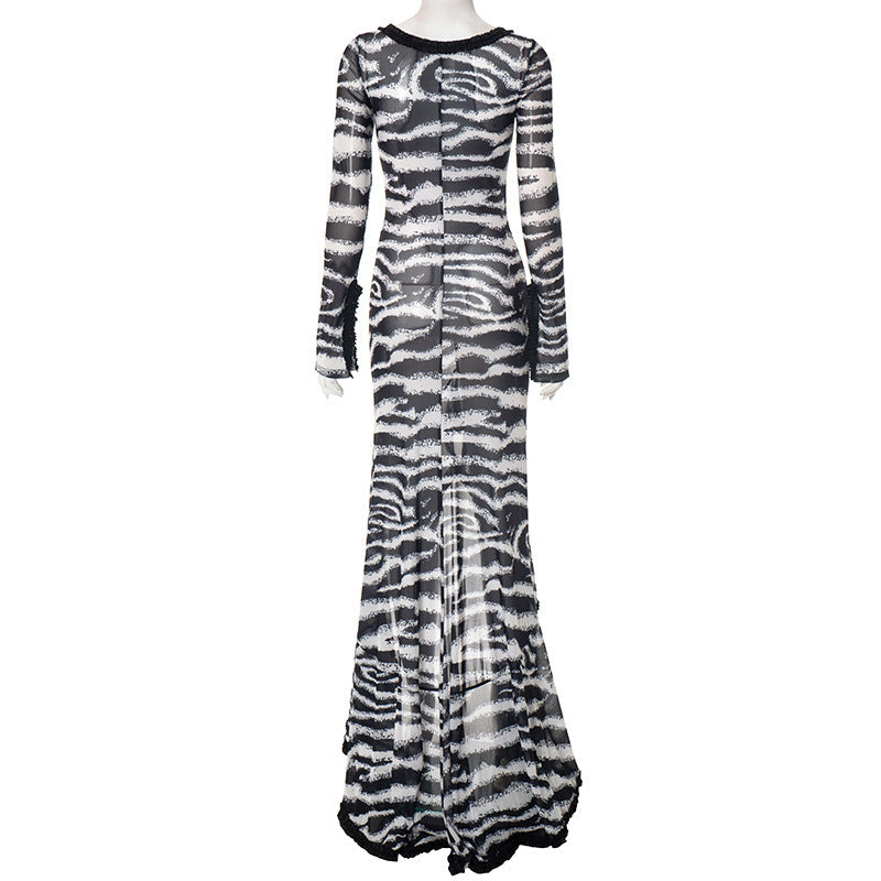 Zebra print hollow out slit ruffle cut out maxi dress | Festival Outfits Women