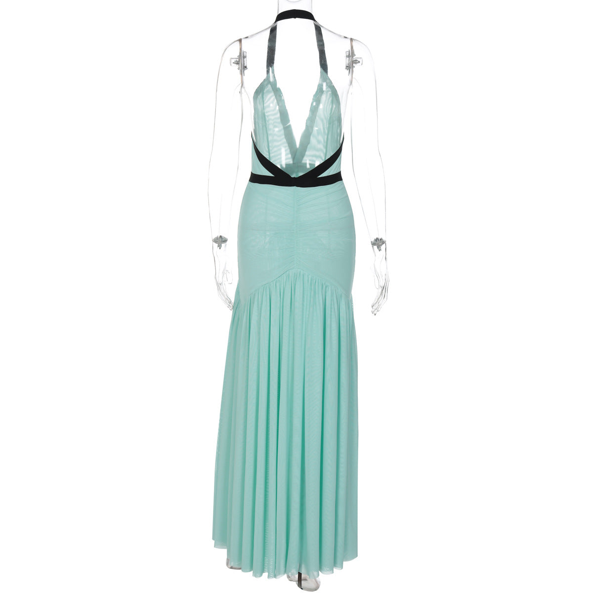Halter ruched mesh deep V neck maxi dress | Festival Outfits Women