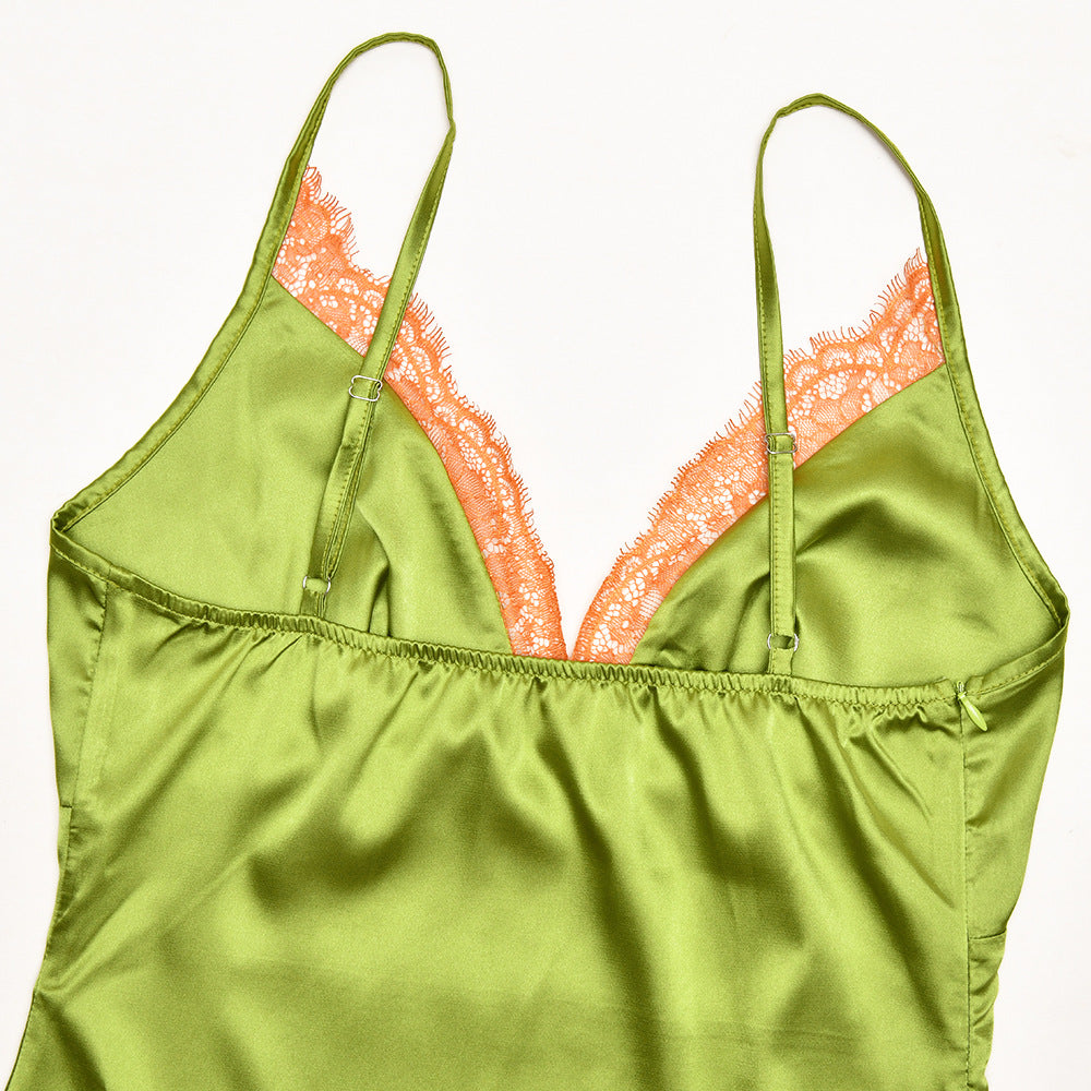Satin lace hem v neck zip-up cami maxi dress | Festival Outfits Women