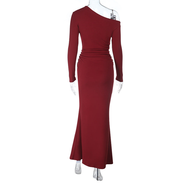 Long sleeve one shoulder flower applique maxi dress | Festival Outfits Women