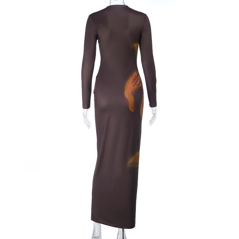 Hollow out beaded long sleeve print cut out maxi dress | Festival Outfits Women