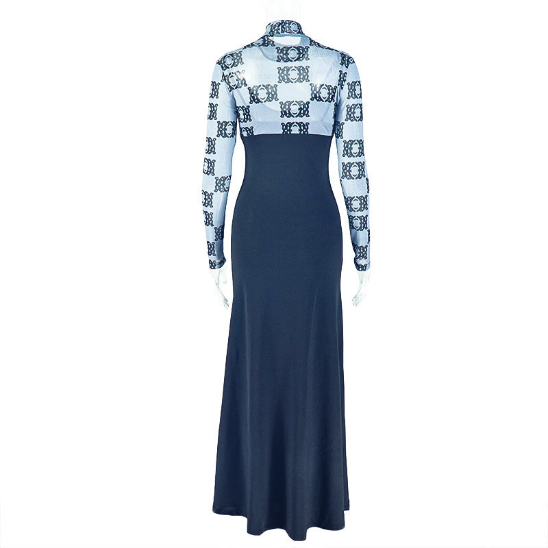 High neck long sleeve ruched print maxi dress | Festival Outfits Women
