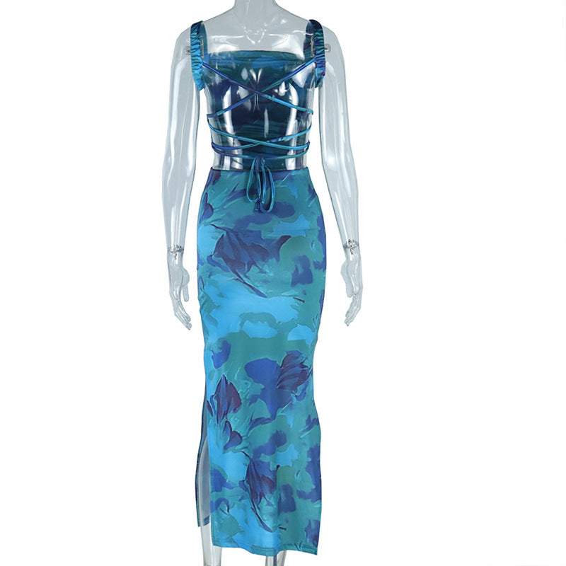Square neck ruched print backless self tie cami maxi dress | Festival Outfits Women