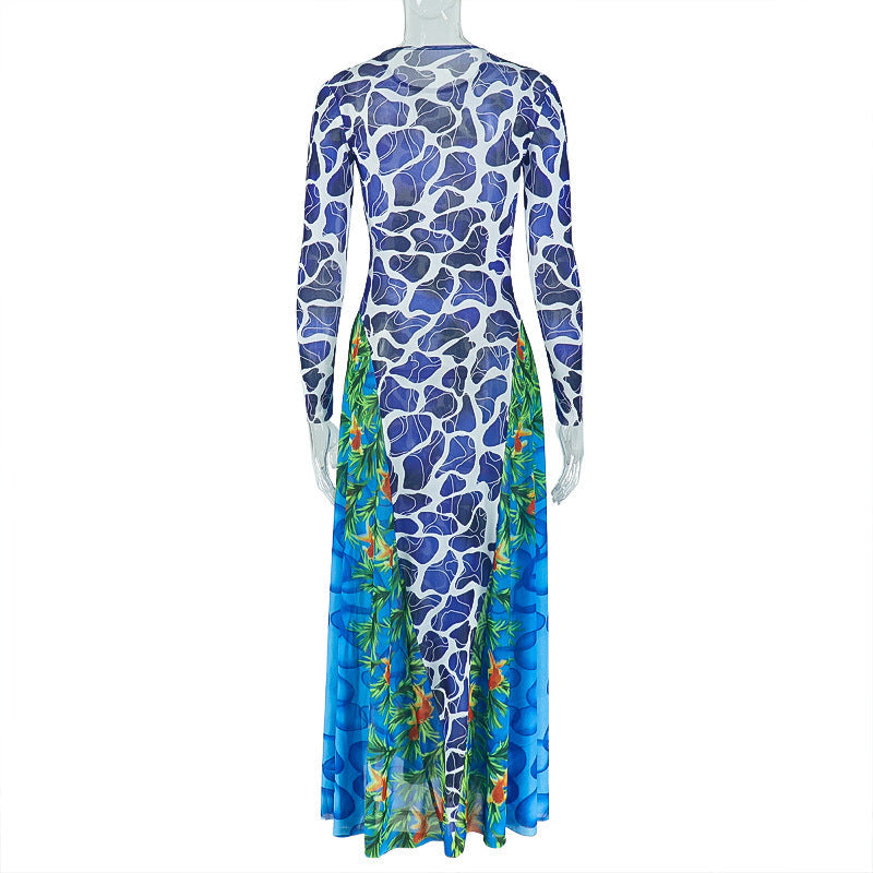 Long sleeve crewneck contrast print maxi dress | Festival Outfits Women