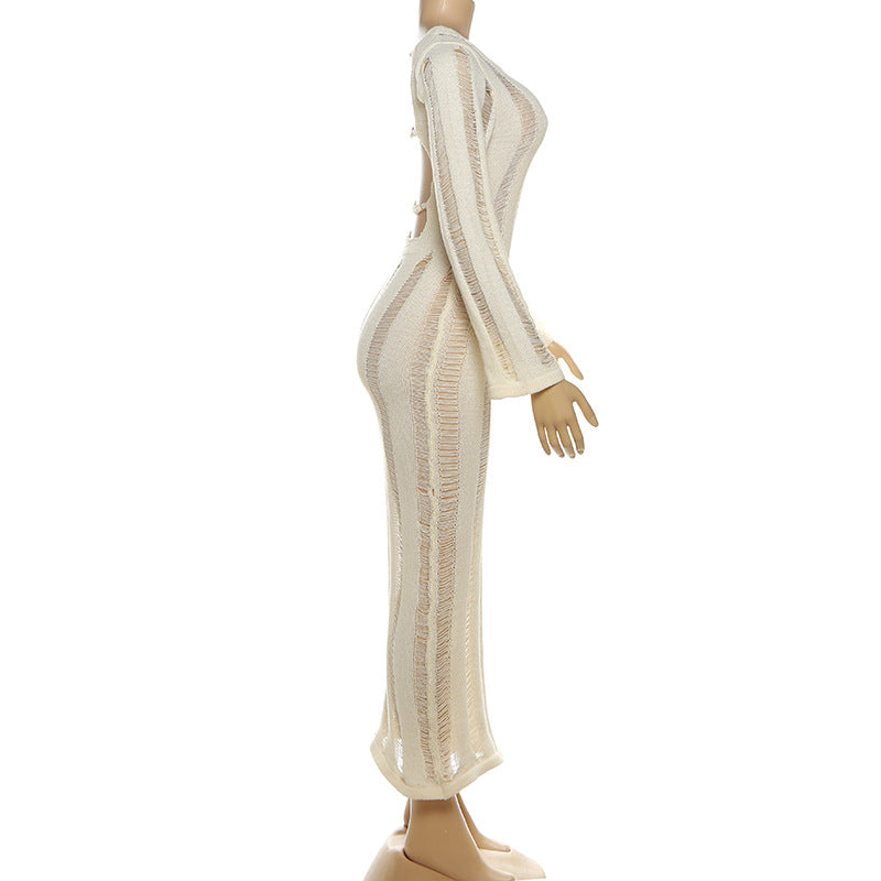 Long sleeve backless knitted hollow out cut out maxi dress | Festival Outfits Women