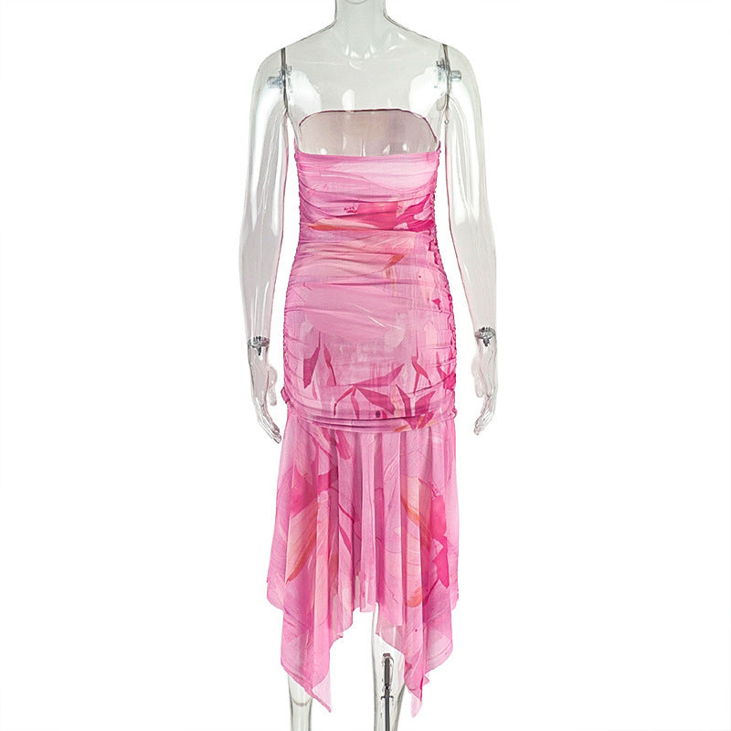 Irregular print mesh tube maxi dress | Festival Outfits Women