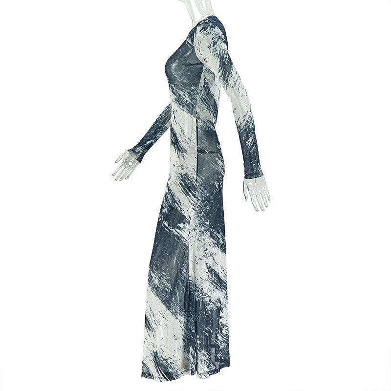 Long sleeve mesh crewneck contrast maxi dress | Festival Outfits Women