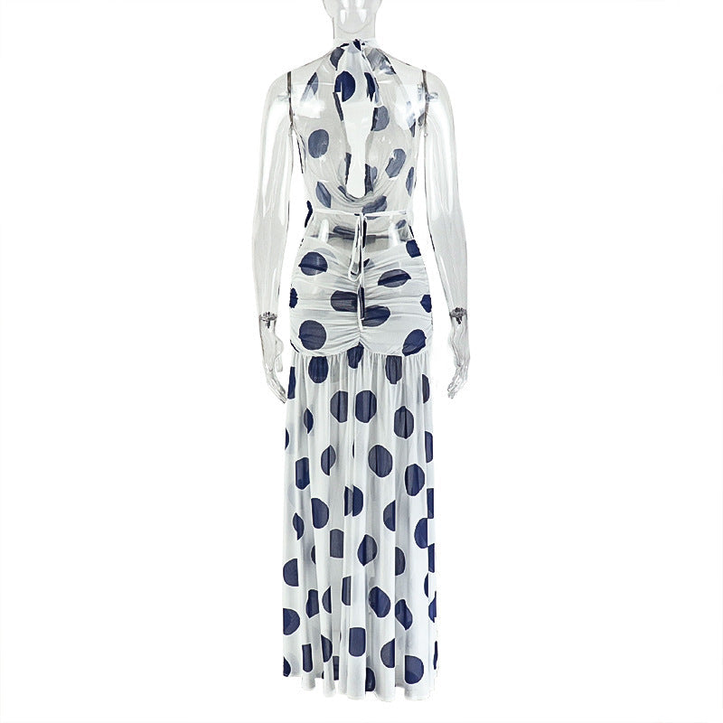 Halter high slit polka dot ruched mesh maxi dress | Festival Outfits Women