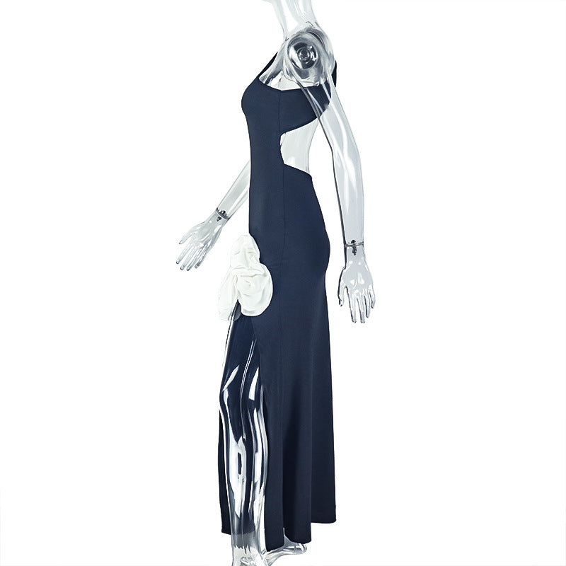 Flower applique one shoulder slit maxi dress | Festival Outfits Women