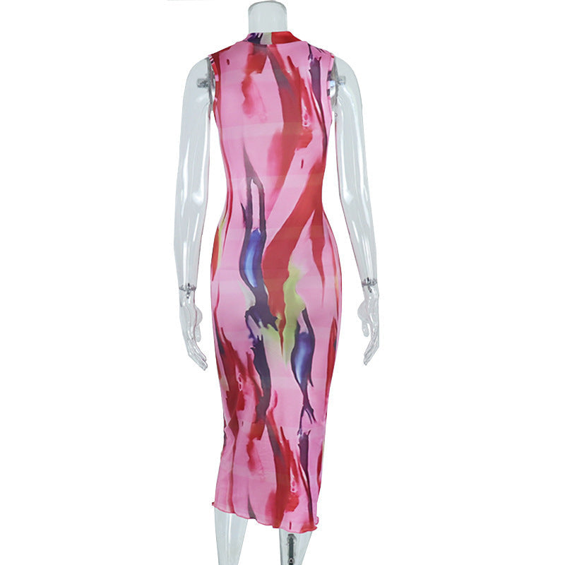 Sleeveless crewneck contrast print maxi dress | Festival Outfits Women