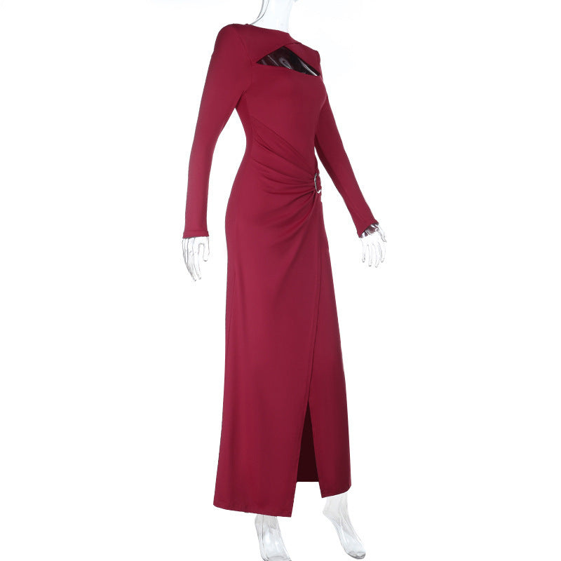 Long sleeve hollow out o ring slit cut out maxi dress | Festival Outfits Women