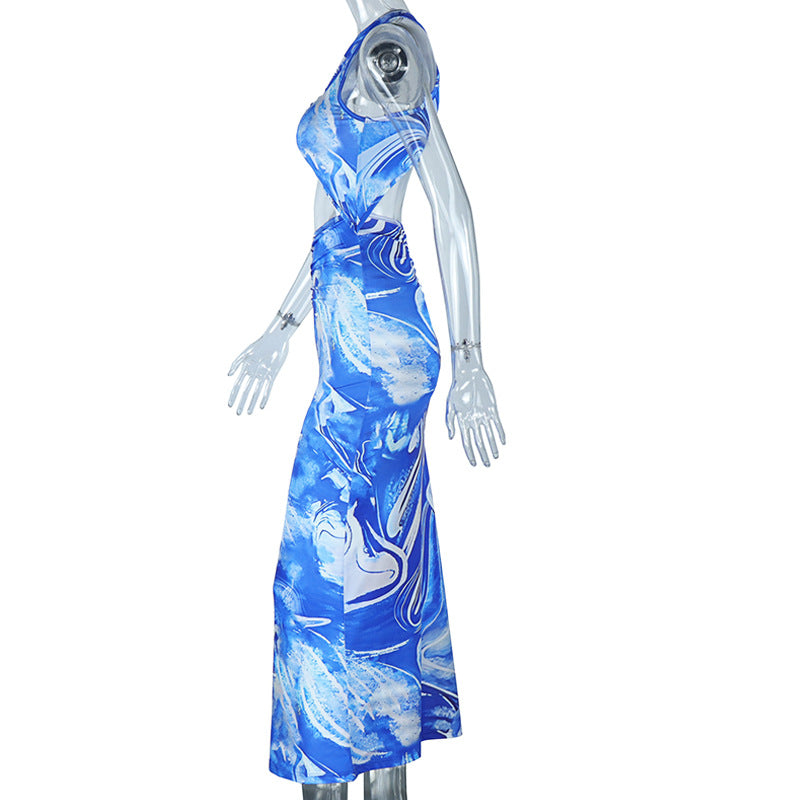 Cross back hollow out ruched print cut out maxi dress | Festival Outfits Women