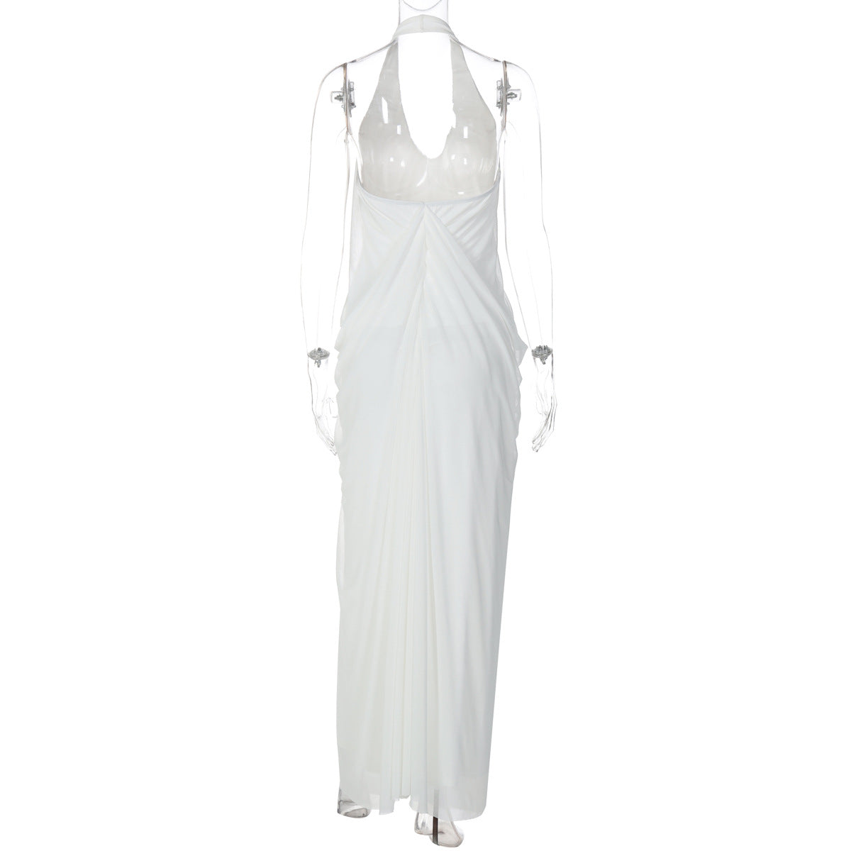 Halter v neck ruched backless mesh maxi dress | Festival Outfits Women