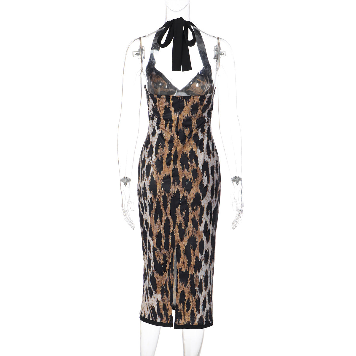 Leopard print halter v neck backless slit maxi dress | Festival Outfits Women