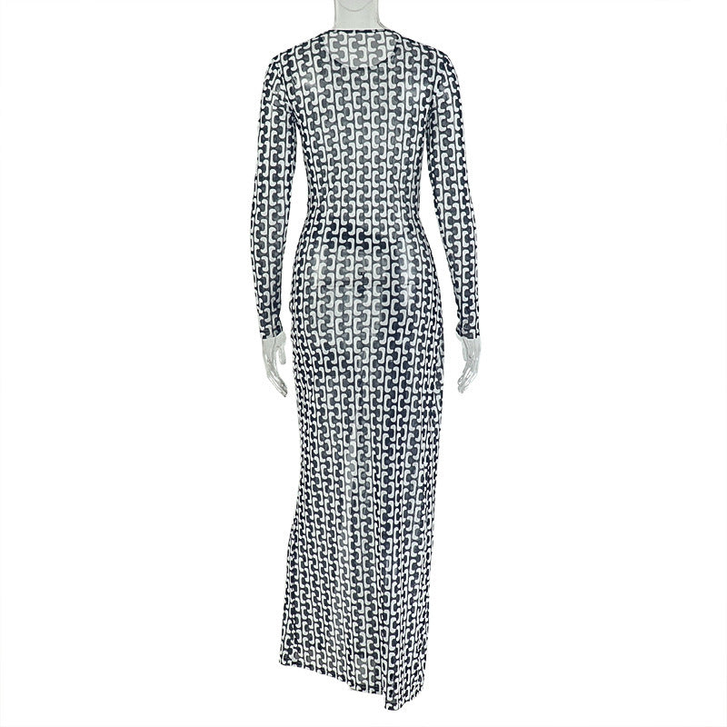 Long sleeve crewneck slit mesh maxi dress | Festival Outfits Women