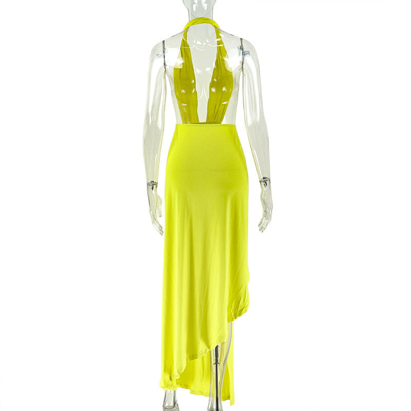 Halter ruched irregular deep v neck maxi dress | Festival Outfits Women