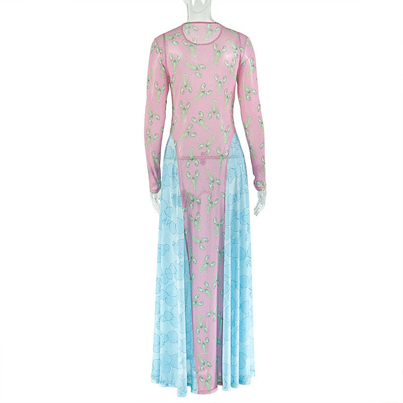 Long sleeve print crewneck mesh maxi dress | Festival Outfits Women