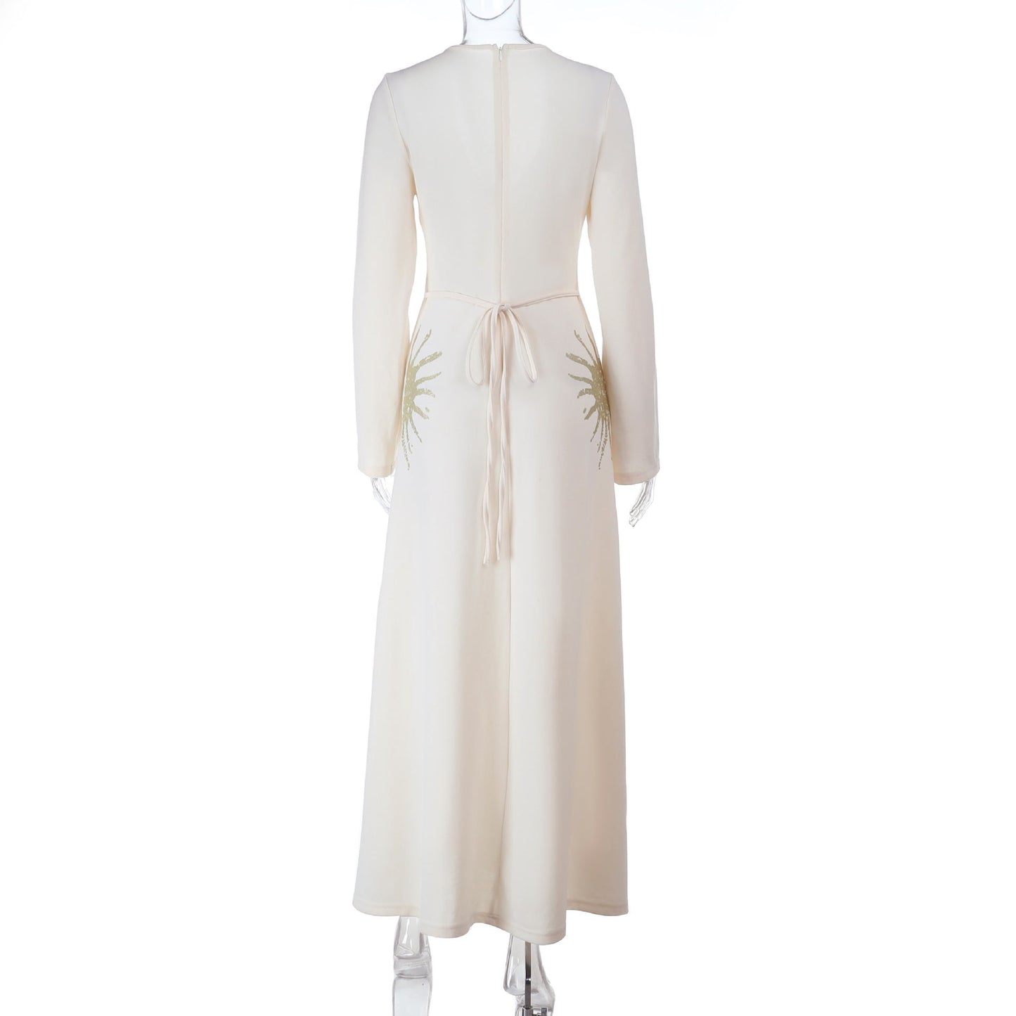 Long sleeve v neck zip-up self tie maxi dress | Festival Outfits Women
