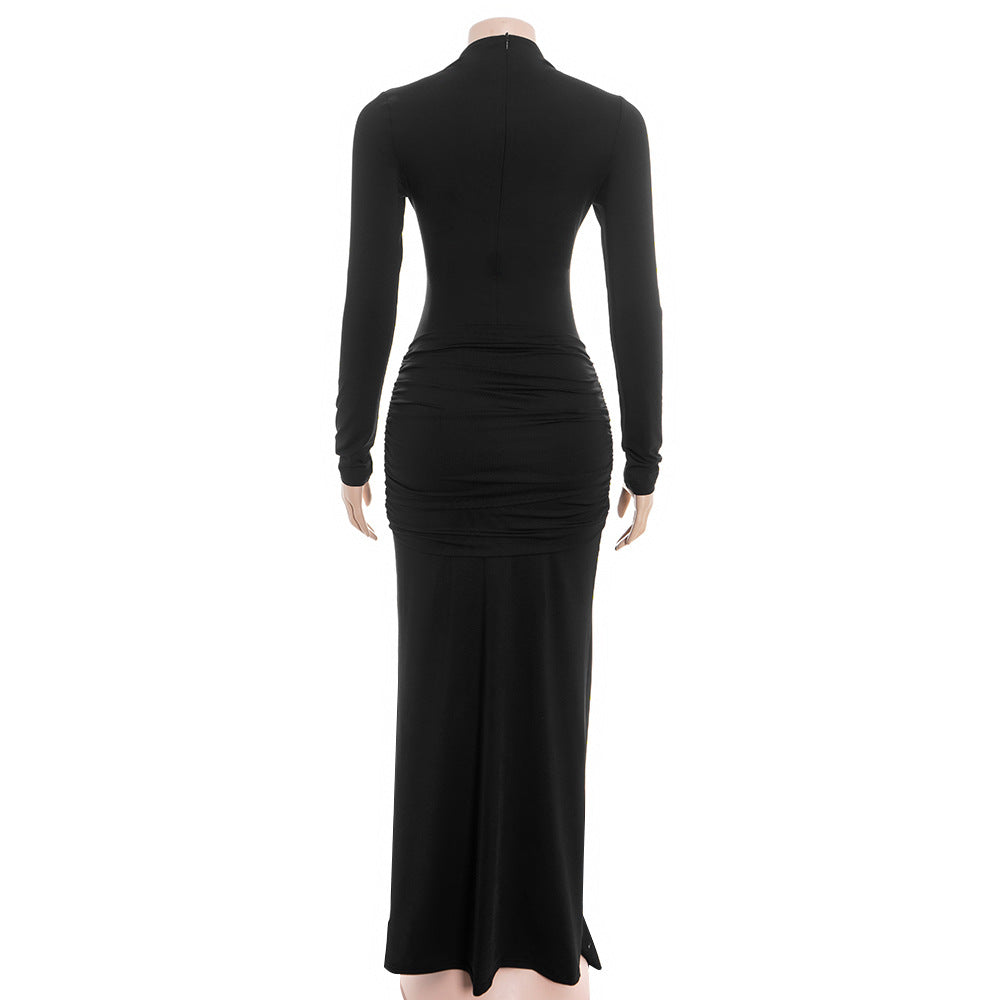 Long sleeve hollow out ruched zip-up cut out maxi dress | Festival Outfits Women