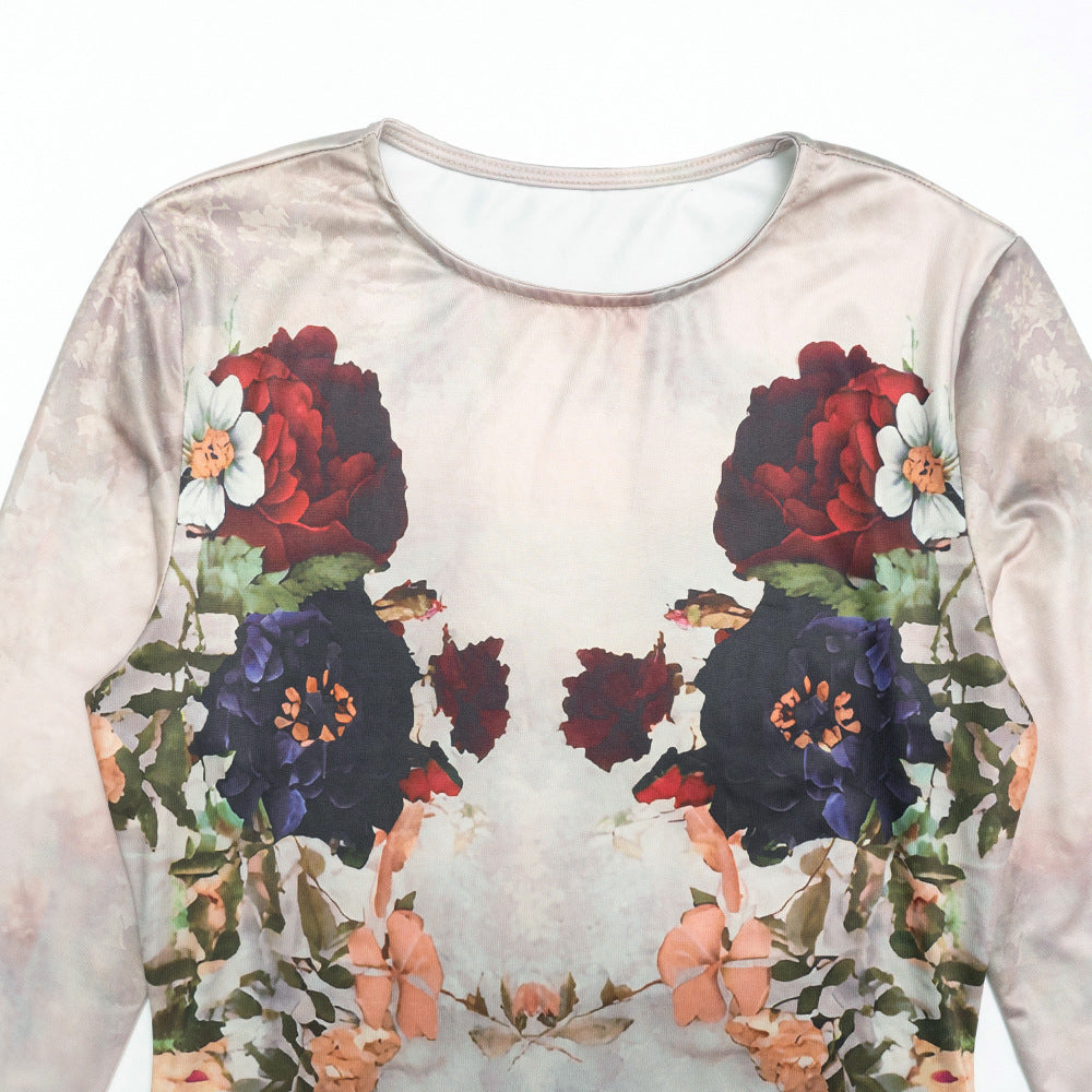 Flower print long sleeve crewneck maxi dress | Festival Outfits Women
