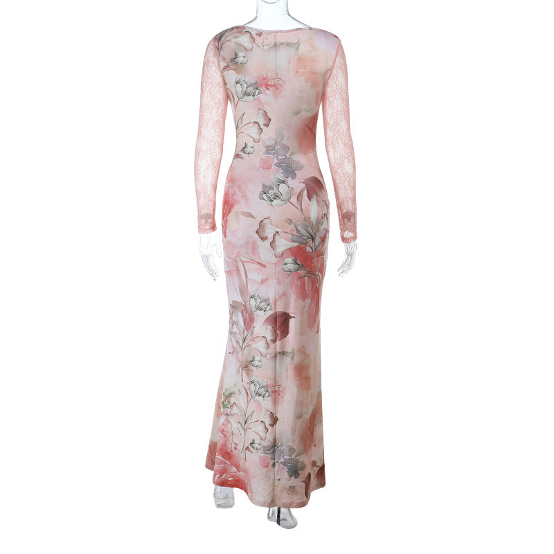 Long sleeve v neck lace hem flower print maxi dress | Festival Outfits Women