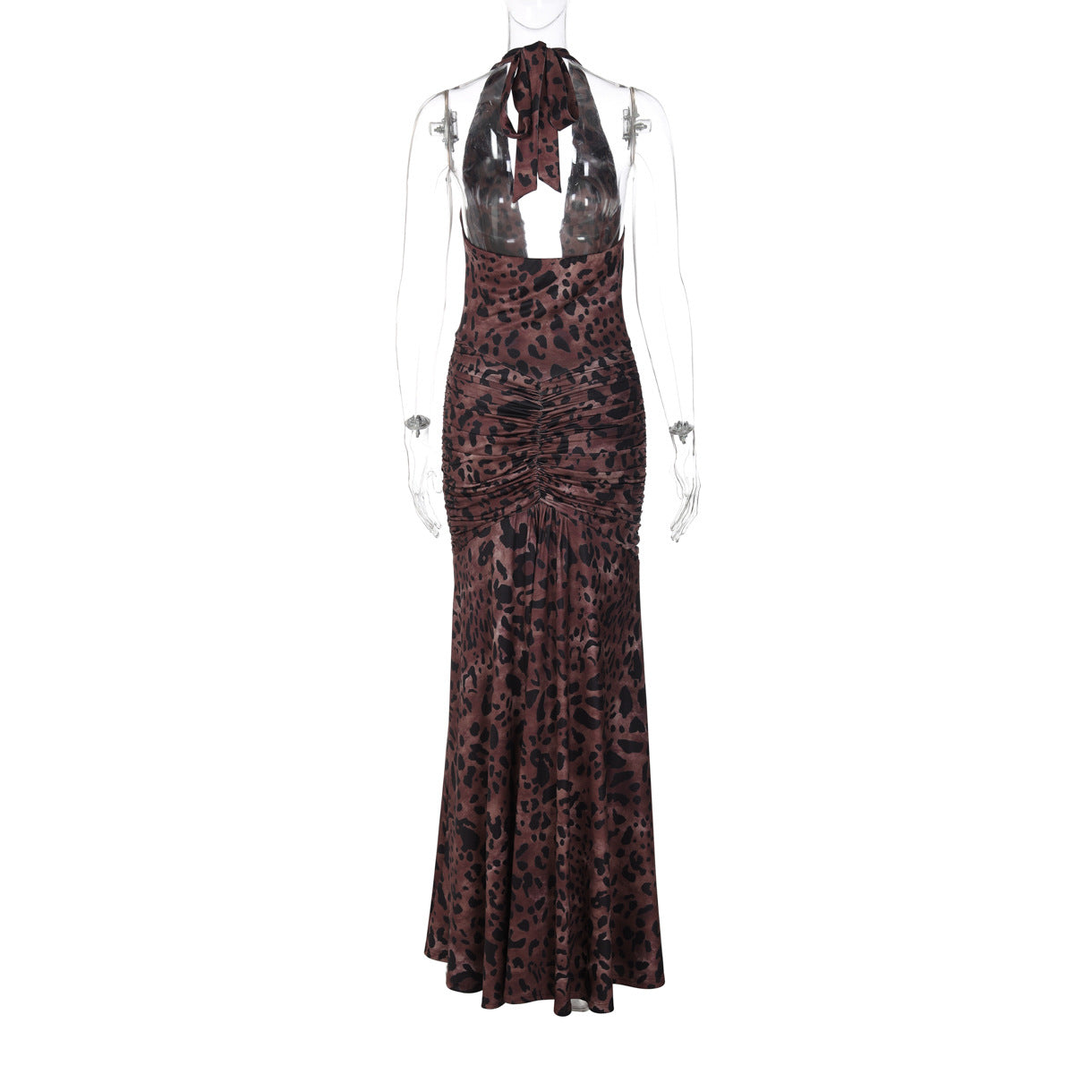 Halter self tie leopard print ruched backless maxi dress | Festival Outfits Women