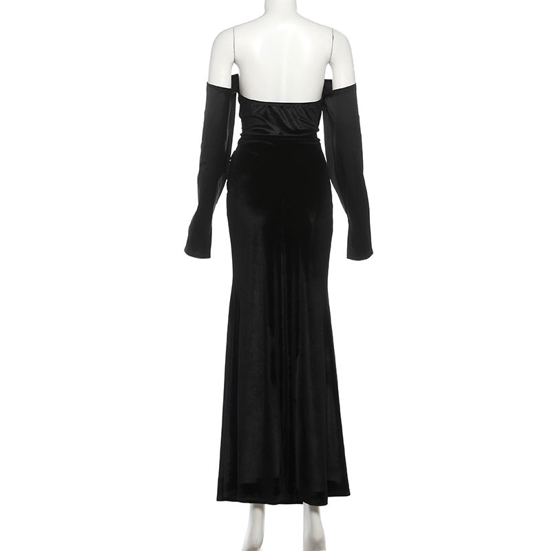 Off shoulder long sleeve velvet ruched maxi dress | Festival Outfits Women
