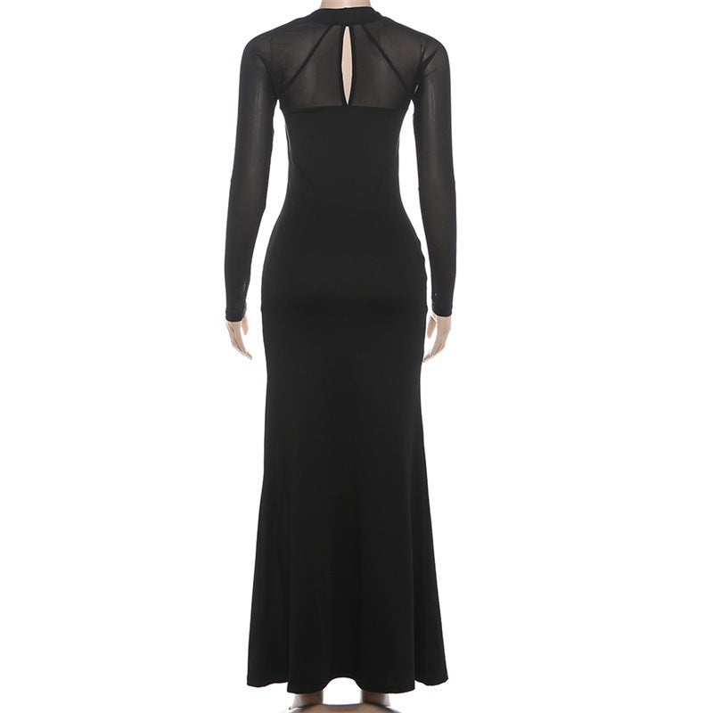 Long sleeve hollow out mesh high slit cut out maxi dress | Festival Outfits Women