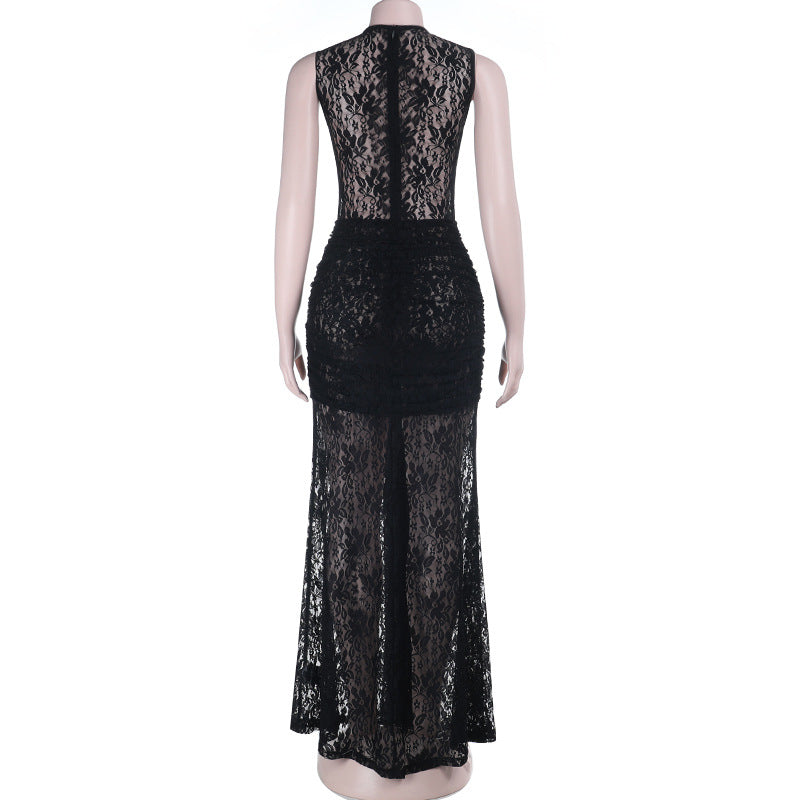 Crewneck sleeveless ruched lace maxi dress | Festival Outfits Women
