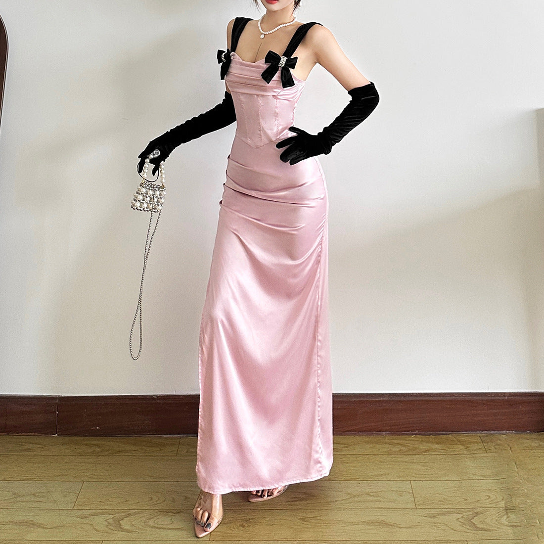 Square neck bowknot ruched slit maxi dress | Festival Outfits Women