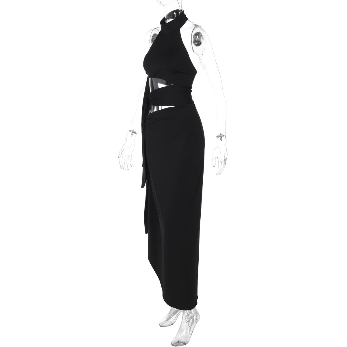 Halter hollow out irregular button slit cut out maxi dress | Festival Outfits Women