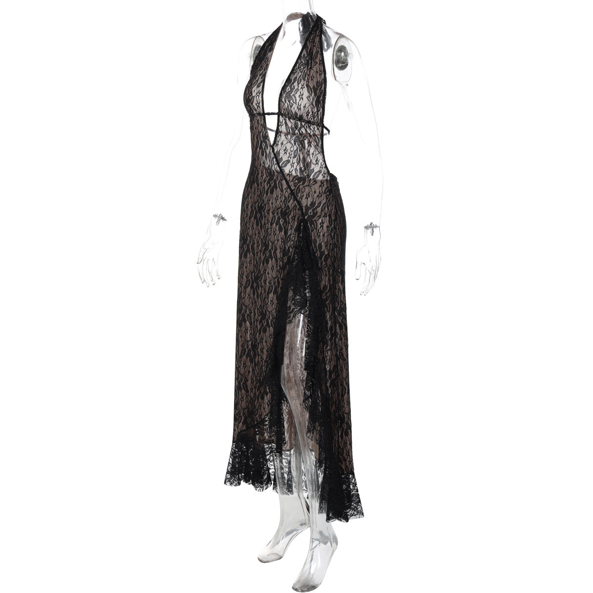 Halter self tie lace slit hollow out cut out maxi dress | Festival Outfits Women