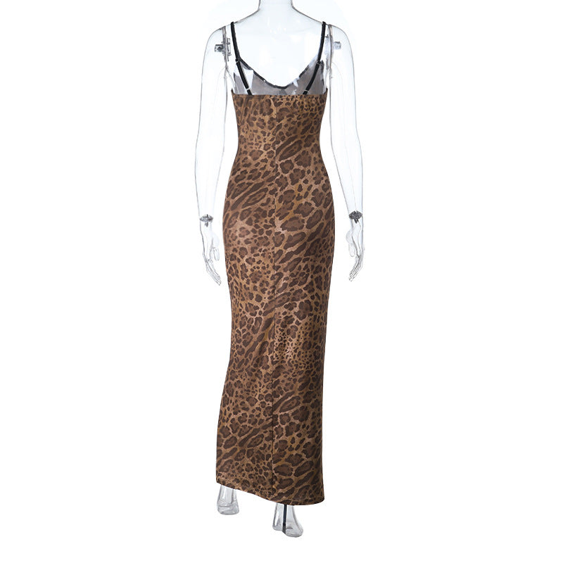 Leopard print v neck backless cami maxi dress | Festival Outfits Women