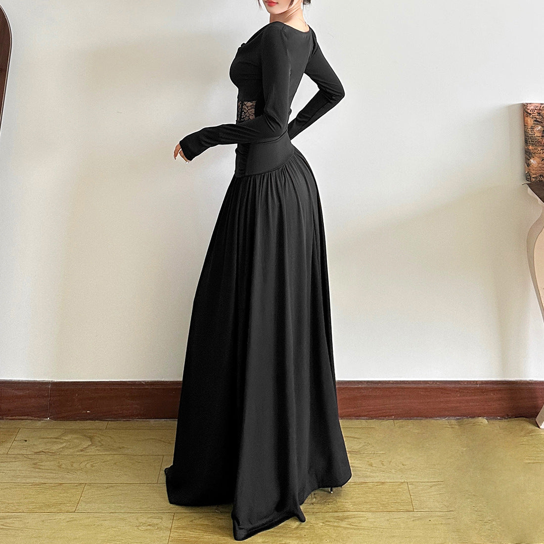 Long sleeve cowl neck lace ruched maxi dress | Festival Outfits Women