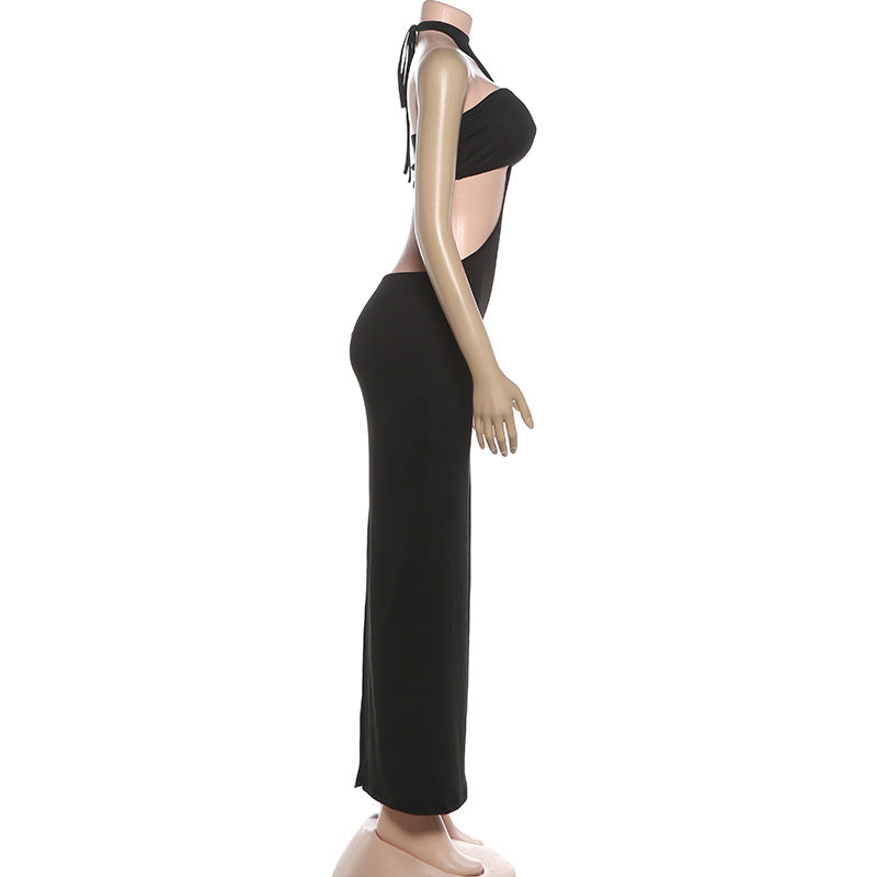 Halter slit solid backless slit maxi dress | Festival Outfits Women