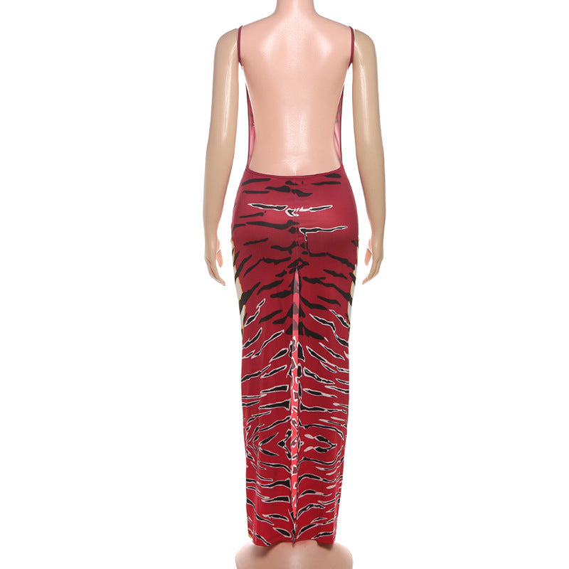 U neck slit print backless cami maxi dress | Festival Outfits Women