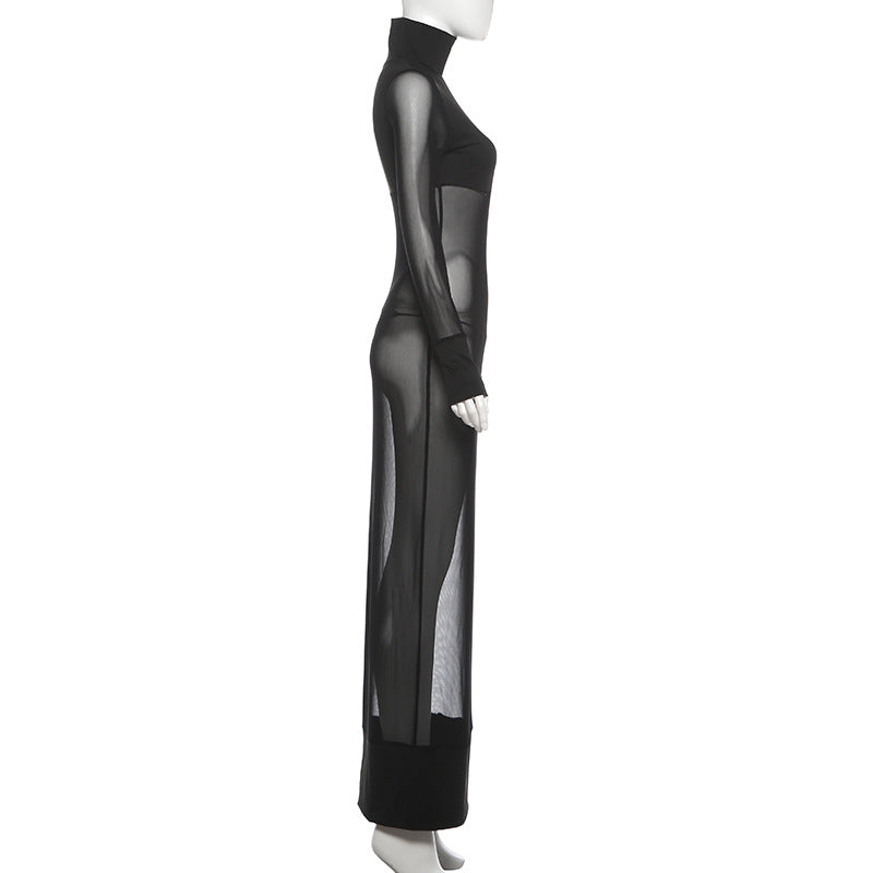 High neck long sleeve mesh solid maxi dress | Festival Outfits Women