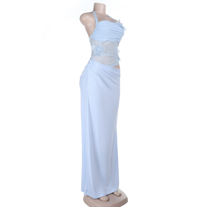 Self tie halter flower applique mesh hollow out cut out maxi dress | Festival Outfits Women