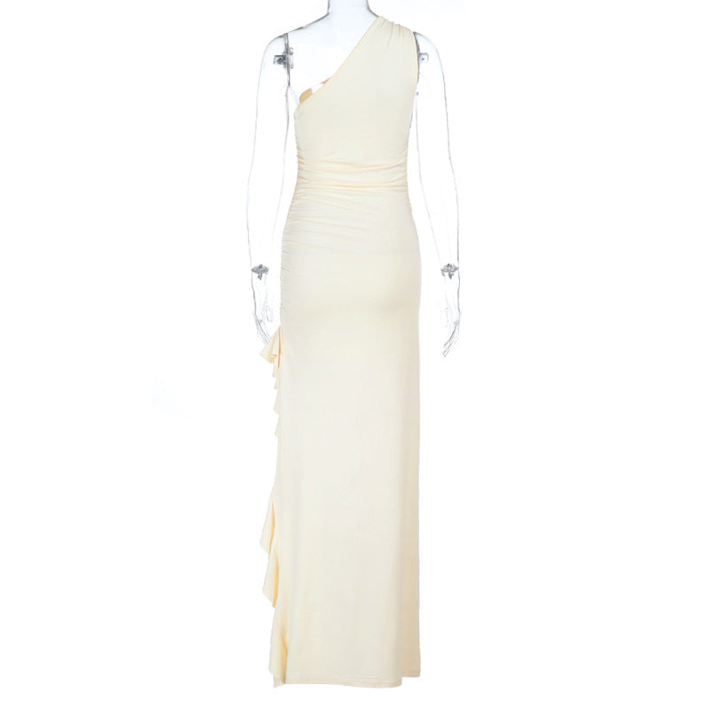 Irregular one shoulder slit ruffle ruched maxi dress | Festival Outfits Women