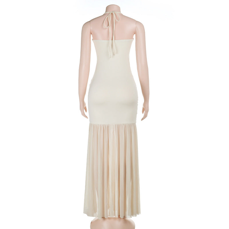 High slit hollow out self tie halter mesh cut out maxi dress | Festival Outfits Women