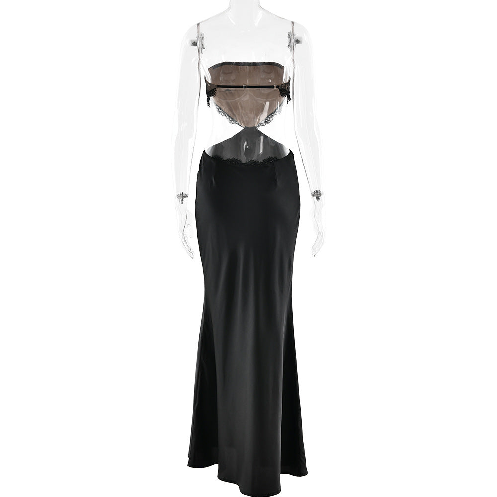 Lace hem zip-up backless tube maxi dress | Festival Outfits Women
