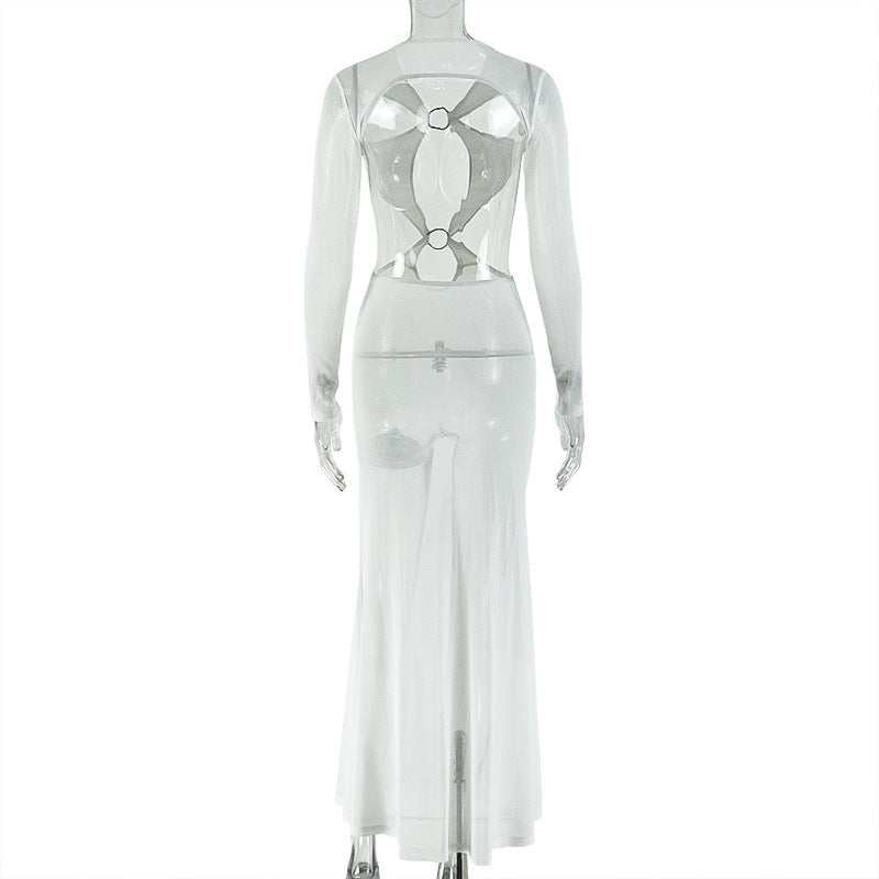 Hollow out o ring long sleeve mesh cut out maxi dress | Festival Outfits Women