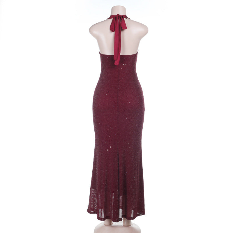 Self tie halter deep v neck backless maxi dress | Festival Outfits Women